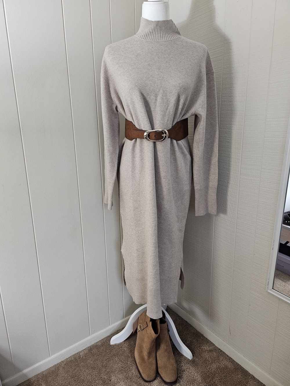 A New Day Beige Knit Turtleneck Midi Sweater Dress